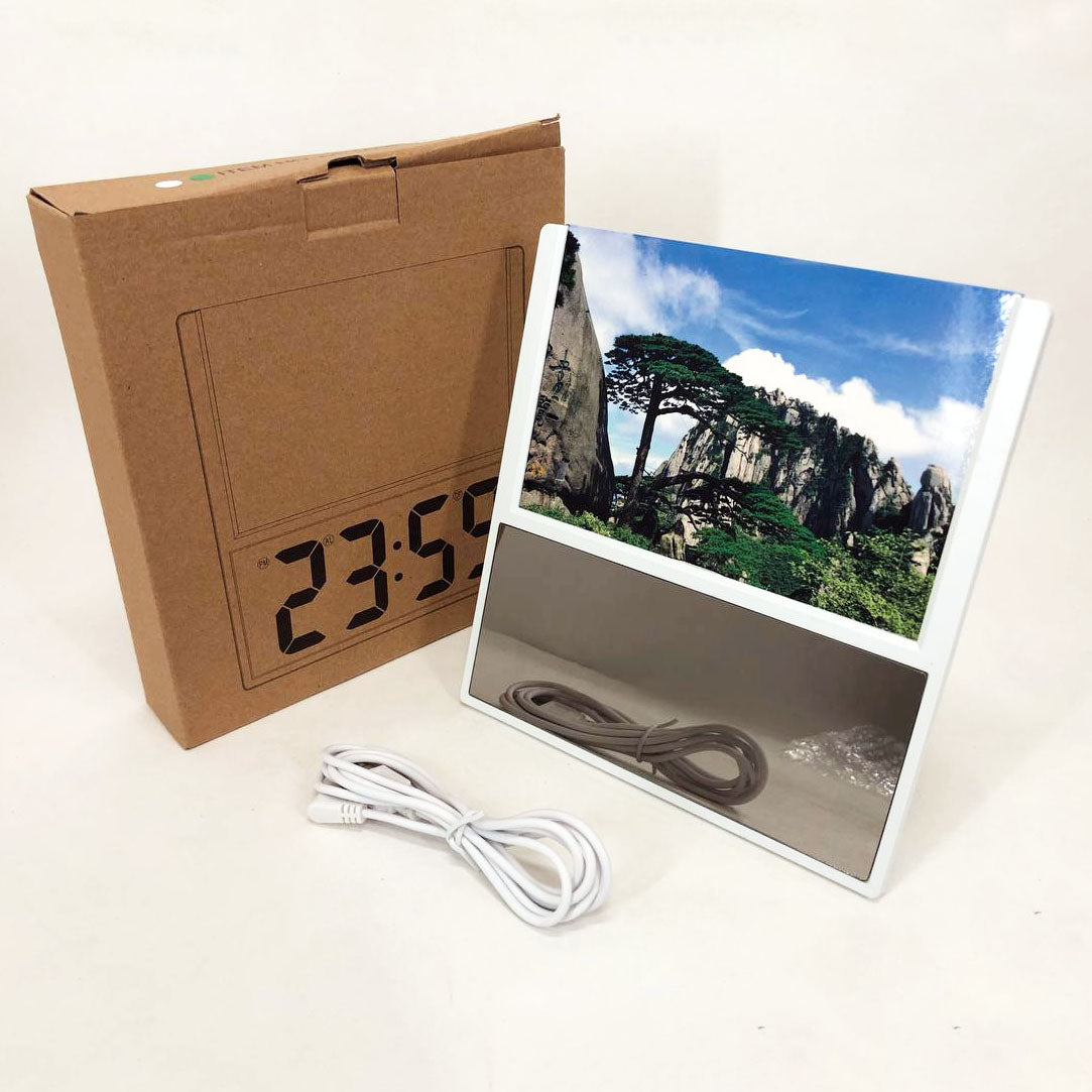 Электронные проводные настольные цифровые часы DS-6608 с фоторамкой, зелёная подсветка. Цвет: белый