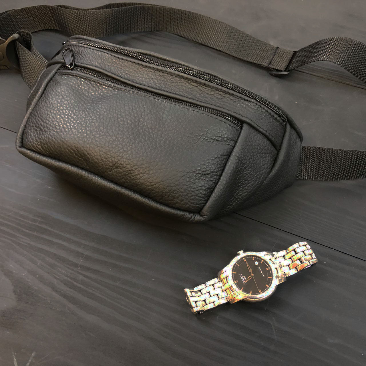 Кожаная качественная бананка мужская - женская сумка, черная сумка из кожи