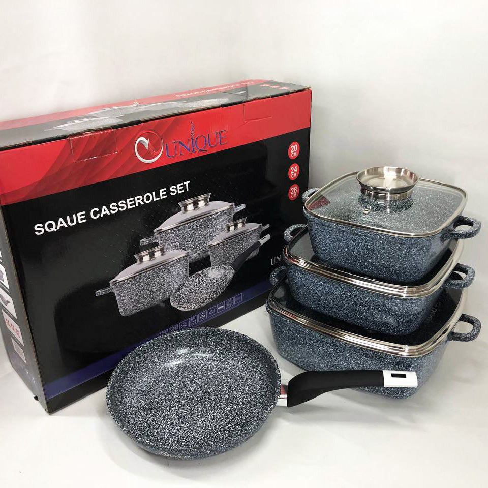 Набор казанов UNIQUE UN-5531 7 предметов, квадрат: 16 см, 20 см, 24 см, круглые 24 см сковорода