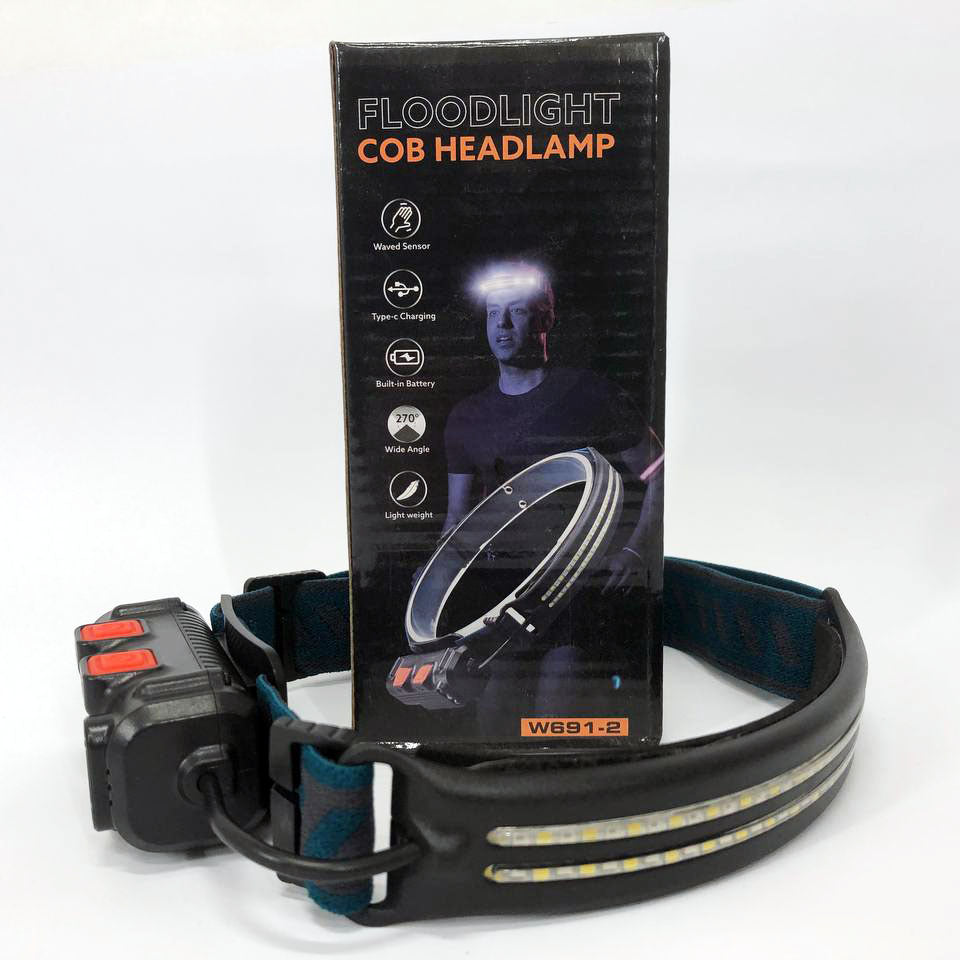 Фонарь налобный аккумуляторный BL-W691-2COB (white/red/RGB) с датчиком движения, мощный налобный фонарь