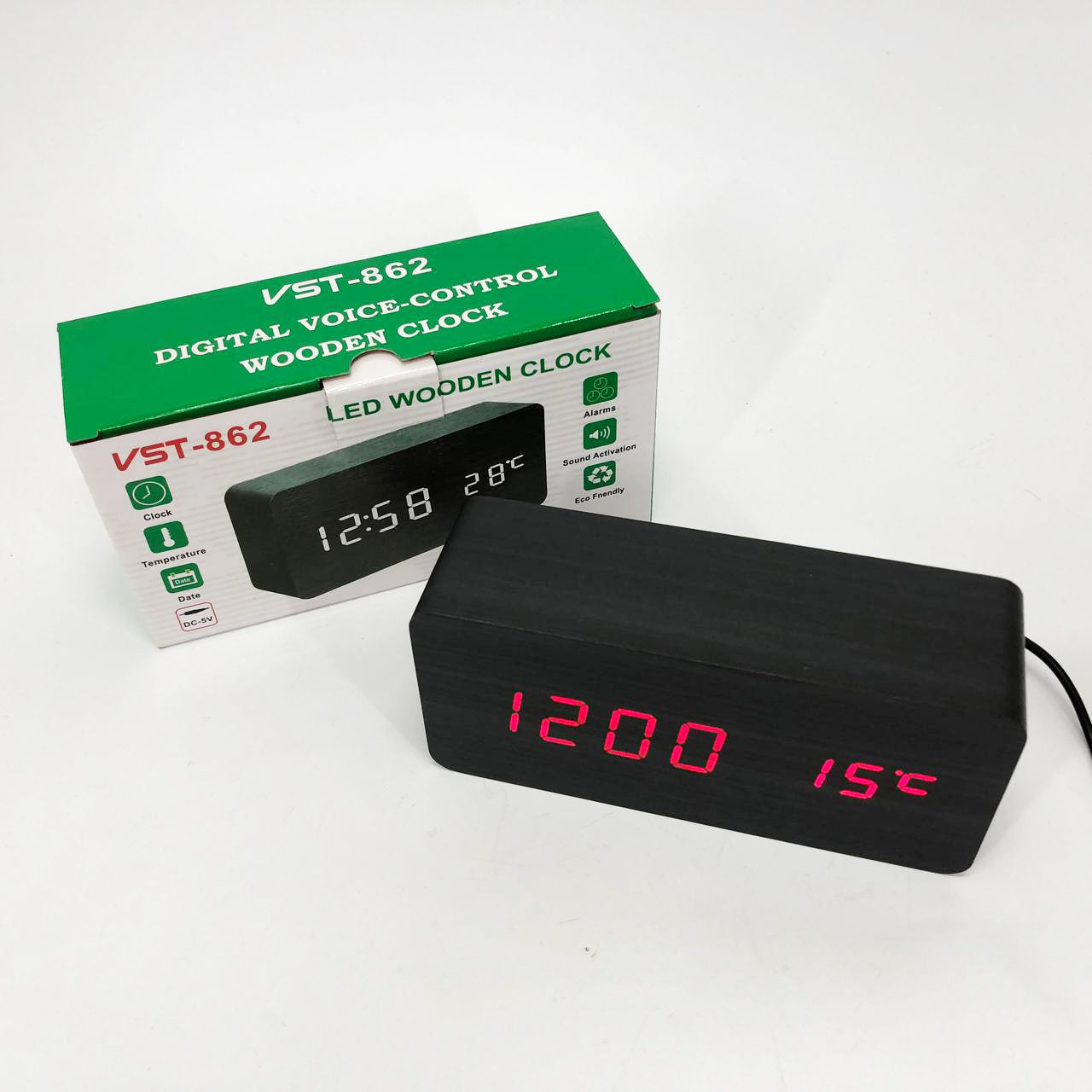 Часы VST-862 черное дерево красная подсветка, Цифровые настольные часы квадратные
