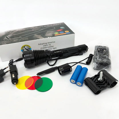 Фонарь тактический Police Q2800-T6 18650 х 2, заряжается от сети 220В и авто ЗУ 12В, выносная кнопка