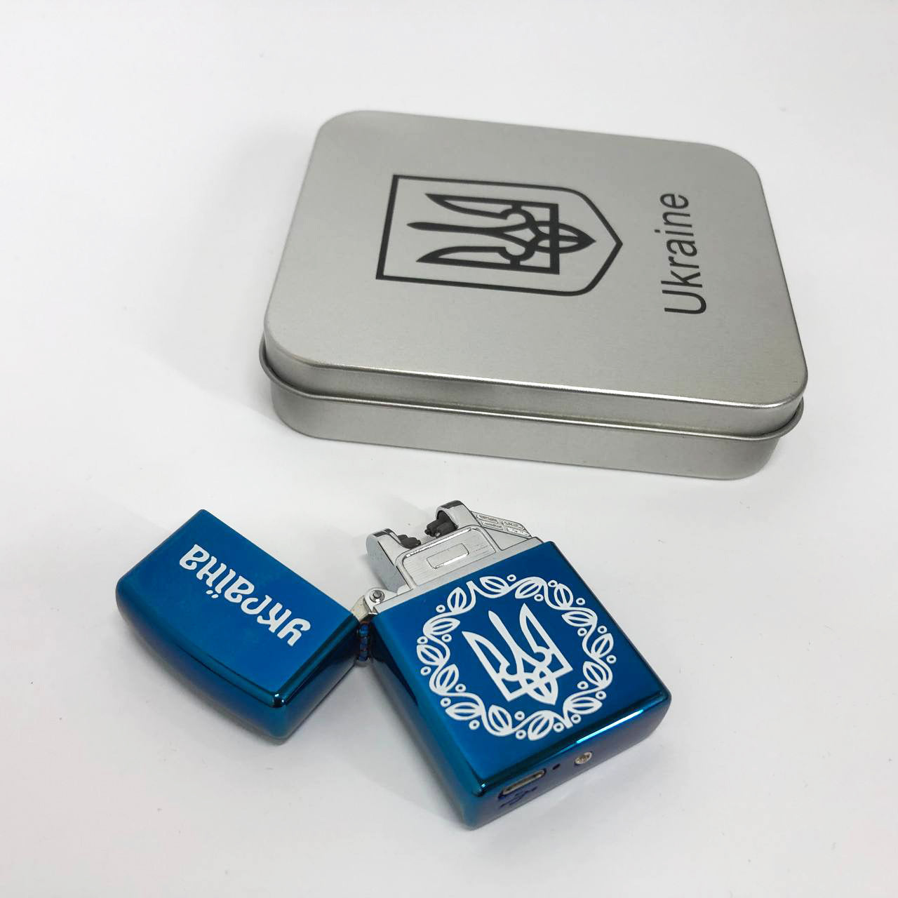 Дуговая электроимпульсная USB зажигалка Украина металлическая коробка HL-447. Цвет: синий