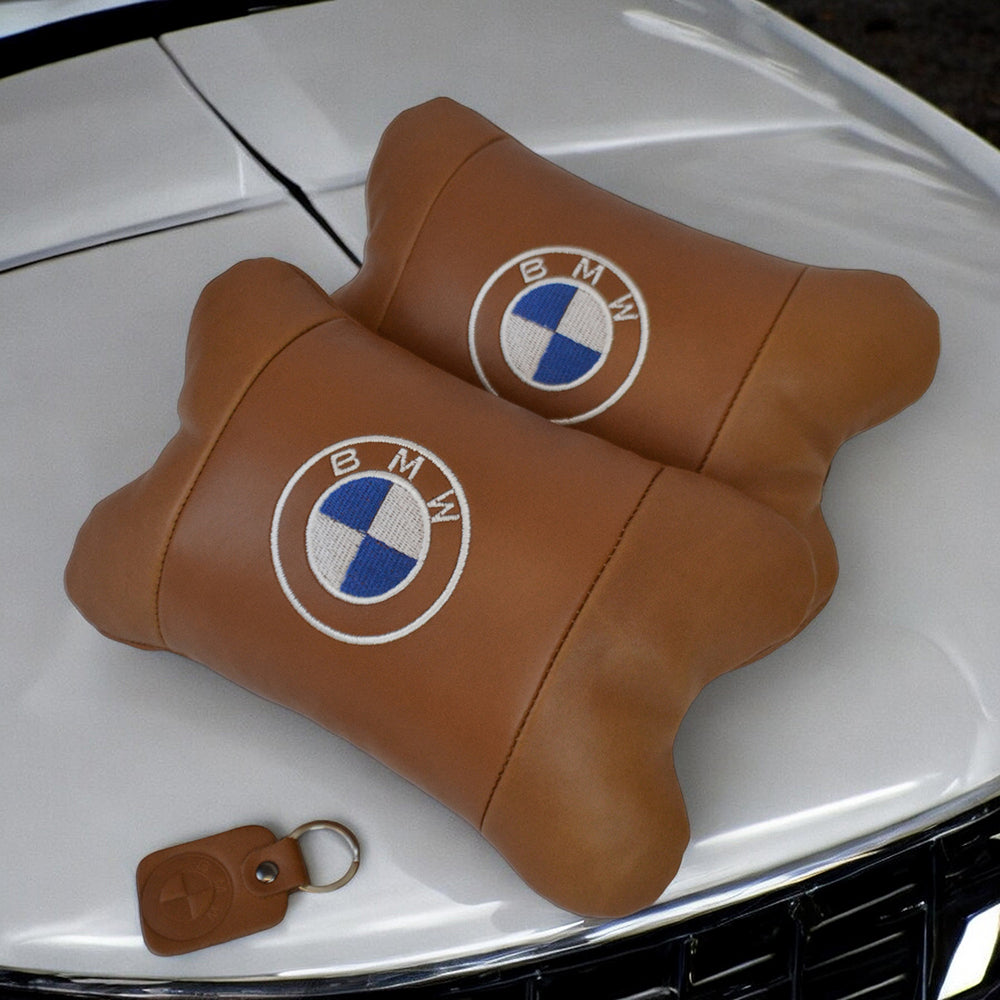 Комплект автоподушек 2шт из натуральной коричневой кожи для BMW. Ортопедическая подушка в авто БМВ