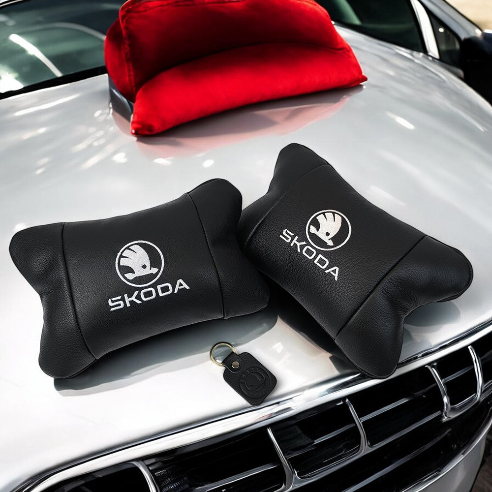 Автомобильные подушки 2 шт на подголовник Skoda / Вред, из натуральной кожи, стильный аксессуар для вашего авто