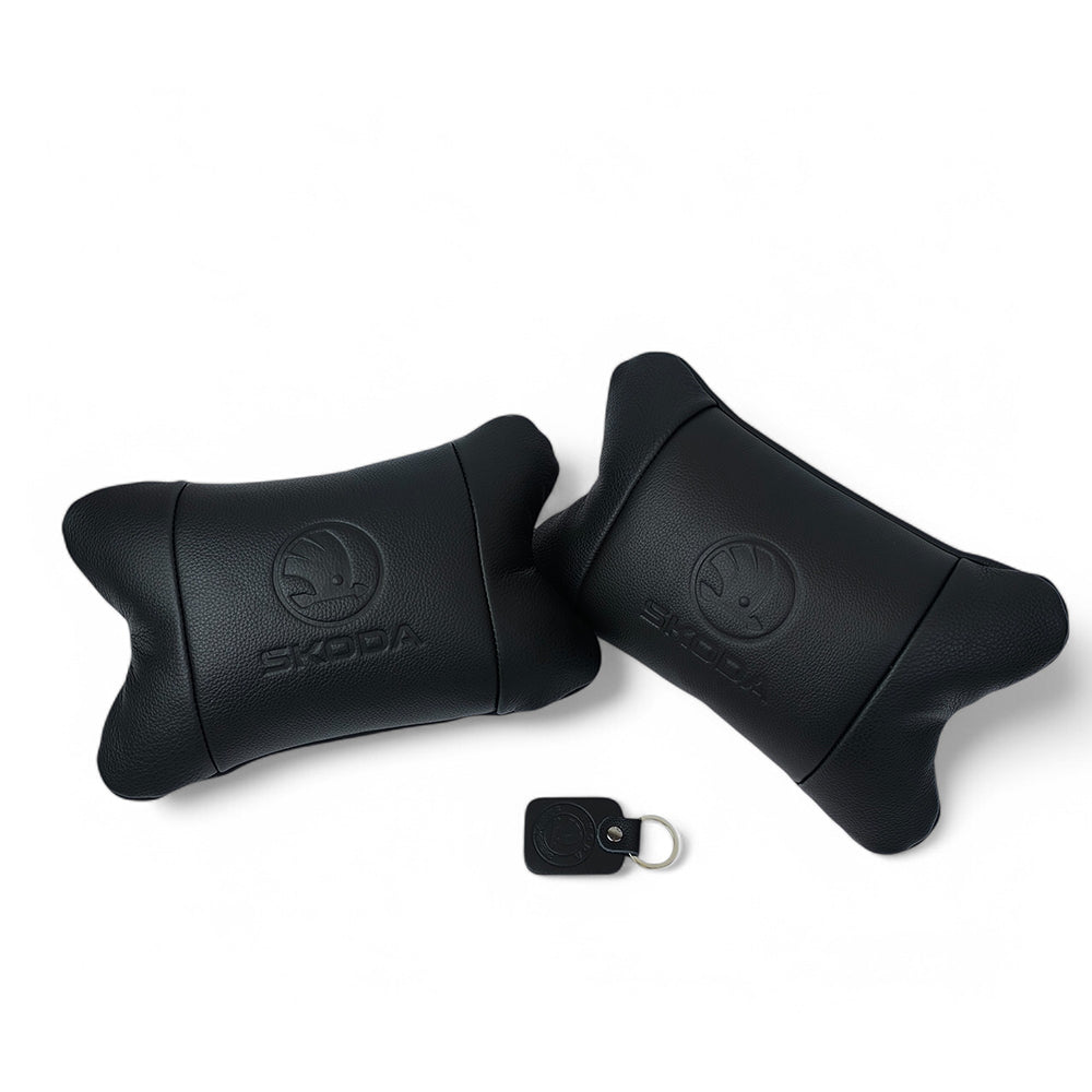 Набор авто подушек Skoda из натуральной кожи + брелок, Автоподушка на подголовник