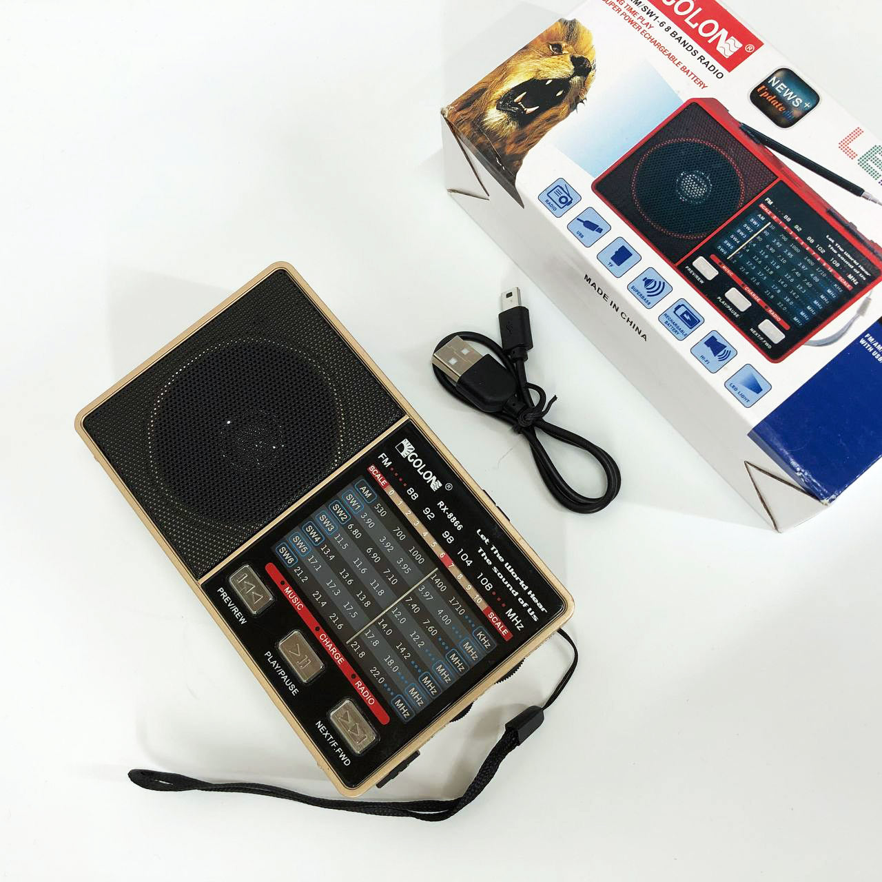 Радио GOLON RX-8866 цифровой портативный радиоприемник с фонариком функцией PowerBank. Цвет: золотой