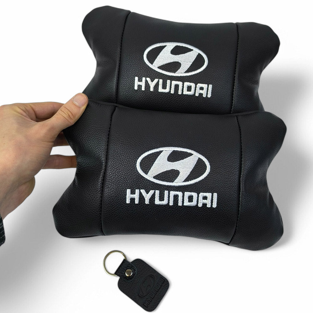 Набор подушек для авто Hyundai 2шт, натуральная кожа, черный цвет, комфортные подголовники в автомобиль