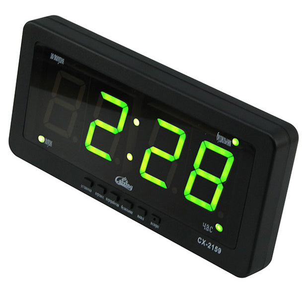 Часы электронные Caixing CX 2159 12В 220В Настольные Настенные Будильник Черный корпус Зеленые цифры