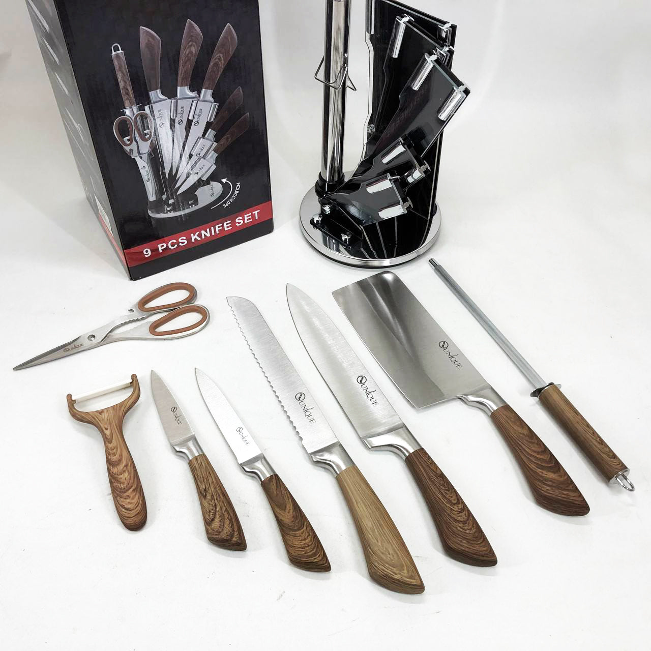 Набор кухонных ножей UNIQUE UN-1833 с деревянными ручками и подставкой