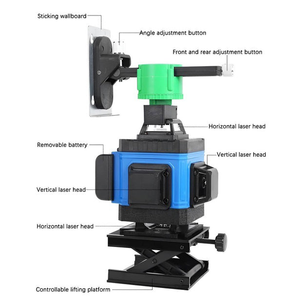 Уровень лазерный линейный нивелир аккумуляторный Laser 4D, 16 линий, рабочее растояние 30м, в чемодане