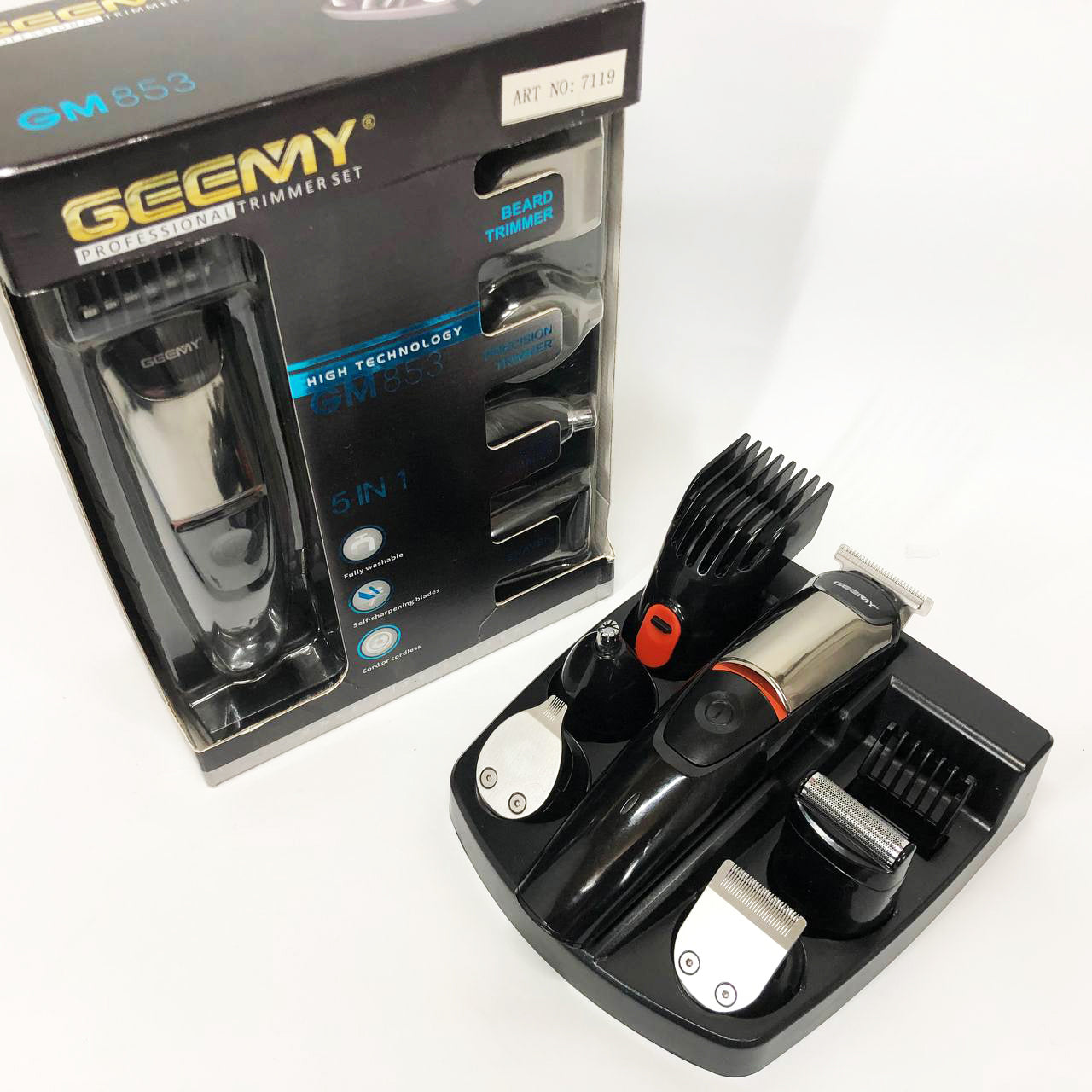 Машинка для стрижки 5в1 Geemy GM-853 стайлер, бритва, триммер на аккумуляторе нержавеющая сталь 6 насадок