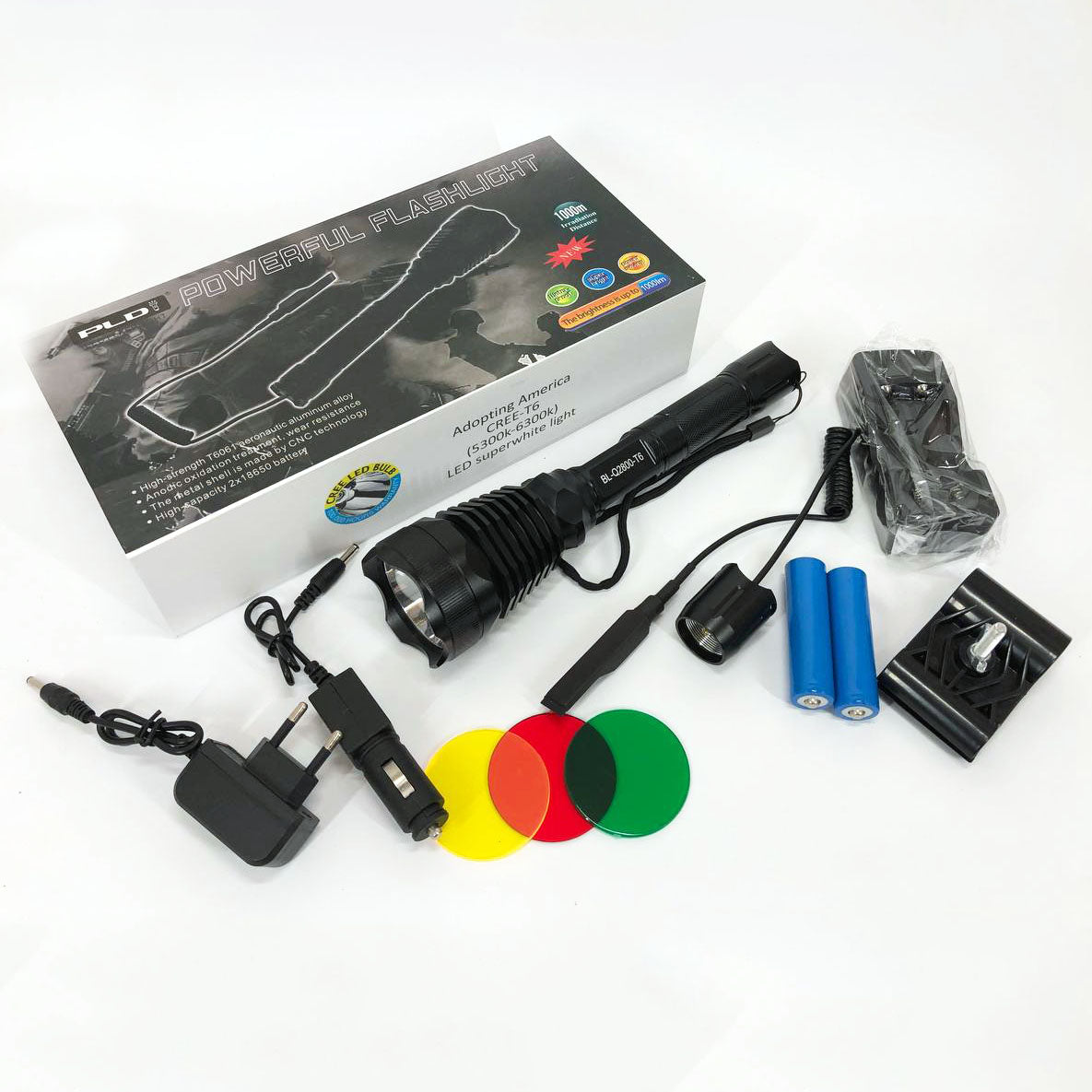 Фонарь тактический Police Q2800-T6 18650 х 2, заряжается от сети 220В и авто ЗУ 12В, выносная кнопка