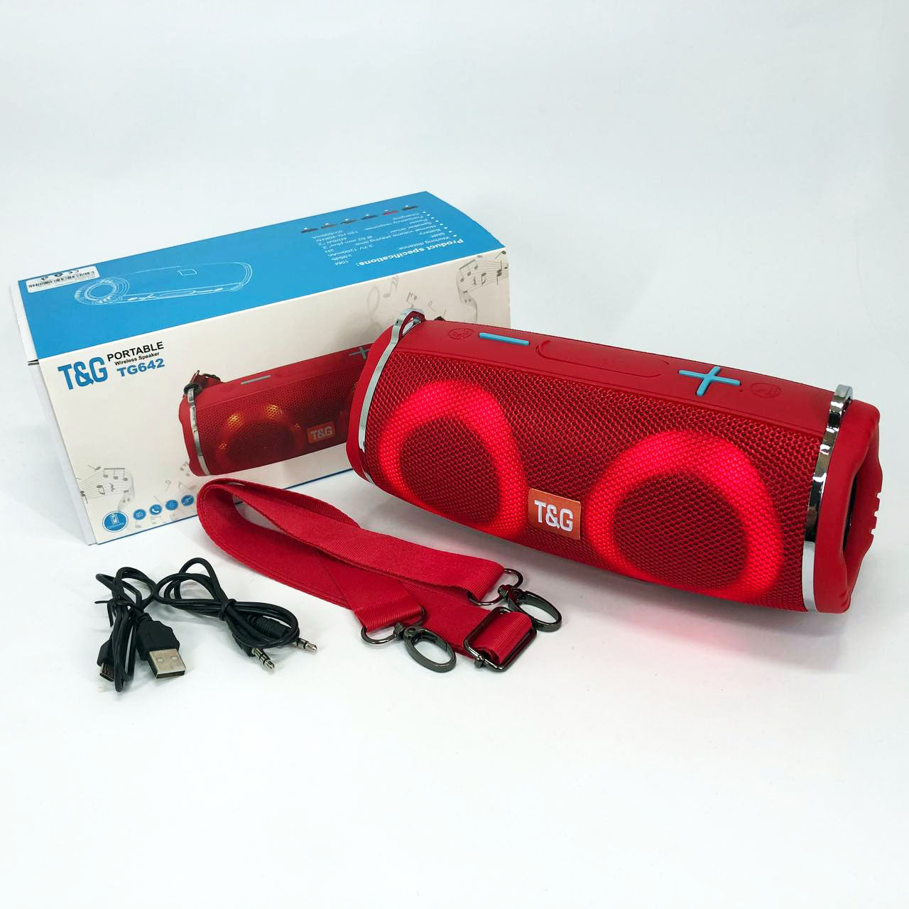 Портативная колонка TG642 с RGB подсветкой и ремешком, портативная блютус колонка. Цвет: красный
