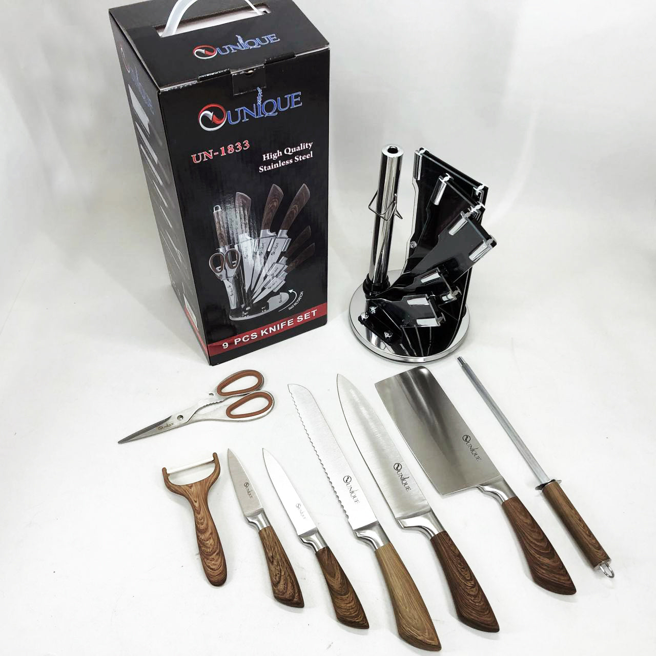 Набор кухонных ножей UNIQUE UN-1833 с деревянными ручками и подставкой