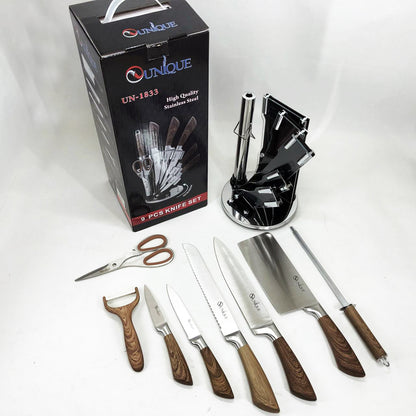 Набор кухонных ножей UNIQUE UN-1833 с деревянными ручками и подставкой