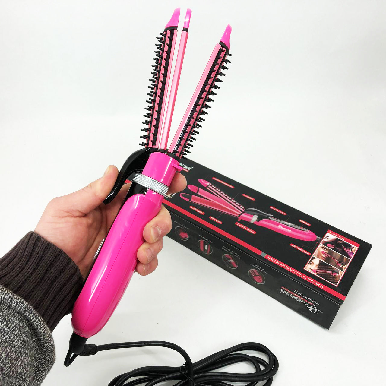 Плойка-утюжок 3в1 Gemei GM-2922, Современные щипцы для завивки волос, Прибор для завивки. Цвет: розовый