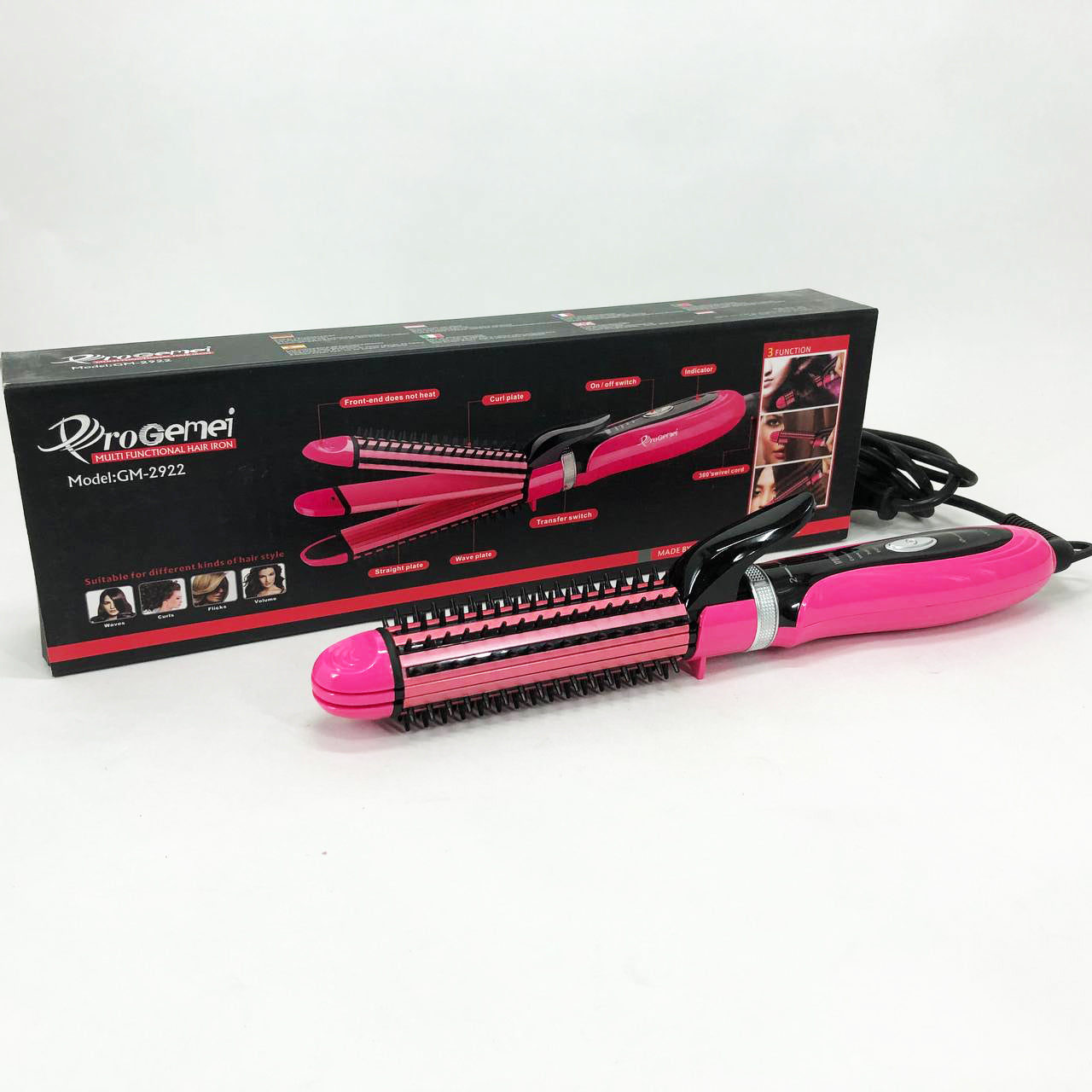 Плойка-утюжок 3в1 Gemei GM-2922, Современные щипцы для завивки волос, Прибор для завивки. Цвет: розовый