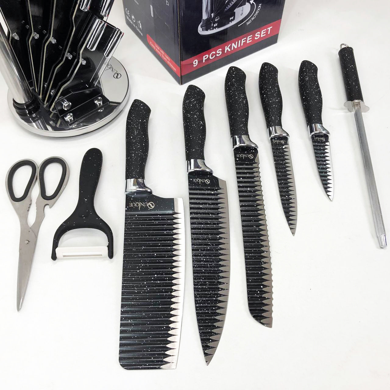 Набор ножей UNIQUE UN-1831, 9 предметов, с подставкой, нержавеющая сталь, с овощечисткой, черный