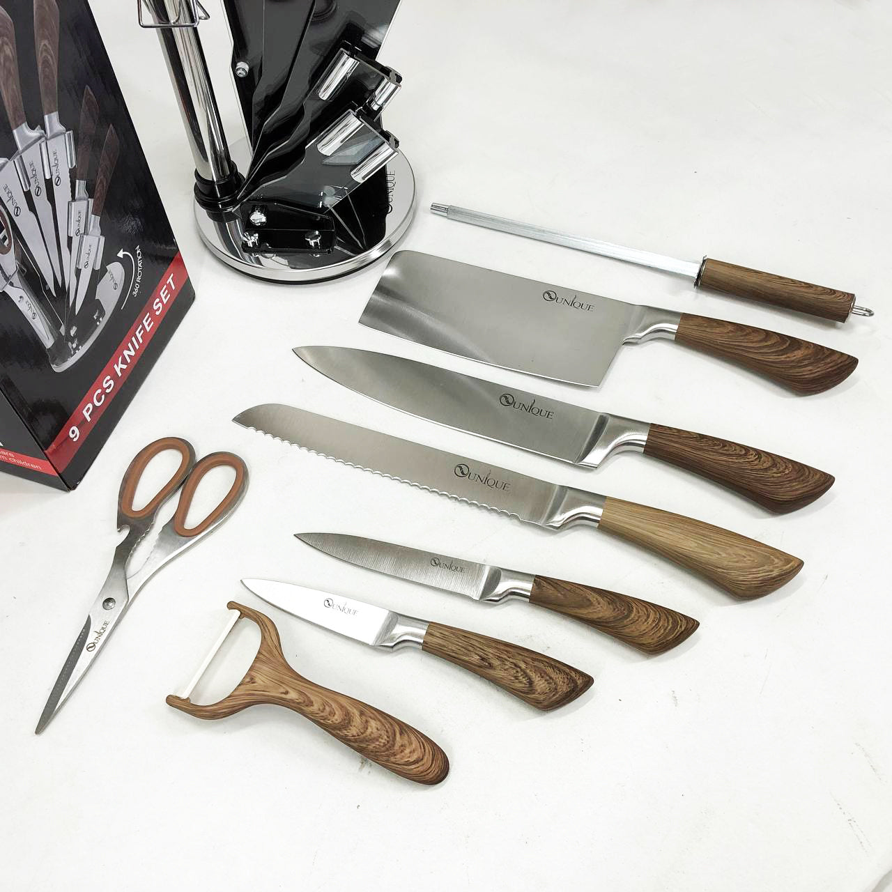Набор кухонных ножей UNIQUE UN-1833 с деревянными ручками и подставкой