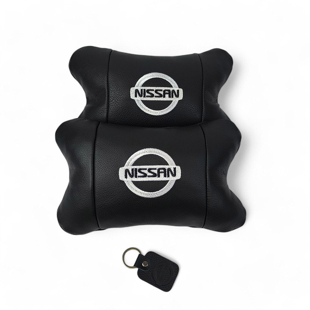 Подушки в авто 2 шт Nissan, натуральная кожа, с логотипом Ниссан, на подголовник для вашей машины