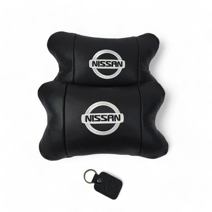 Подушки в авто 2 шт Nissan, натуральная кожа, с логотипом Ниссан, на подголовник для вашей машины