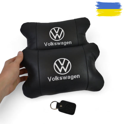 Набор подушек 2шт в авто Volkswagen из натуральной кожи, на подголовник в машину, Автомобильная подушка