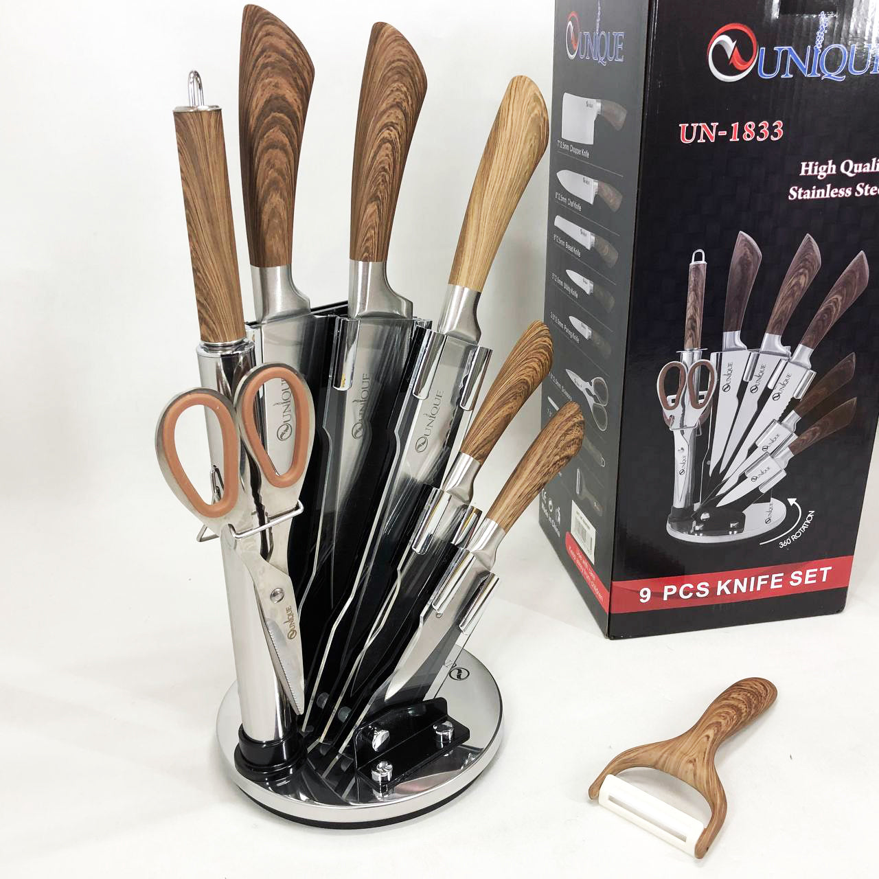 Набор кухонных ножей UNIQUE UN-1833 с деревянными ручками и подставкой