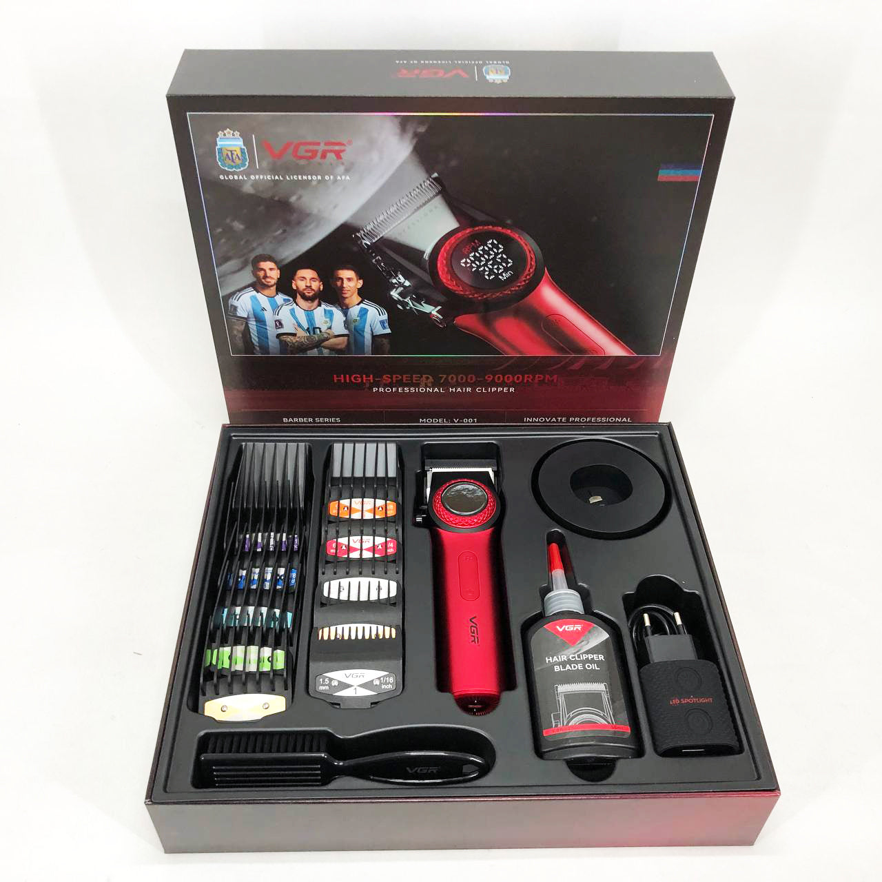Професійна машинка для стрижки волосся VGR V-001 RED з дисплеєм 9000 об та 10 насадками (1,5-24 мм)
