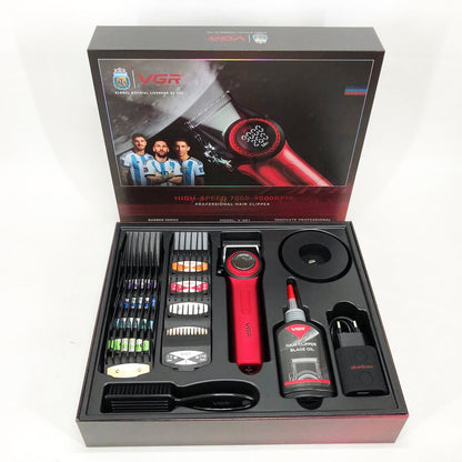 Професійна машинка для стрижки волосся VGR V-001 RED з дисплеєм 9000 об та 10 насадками (1,5-24 мм)