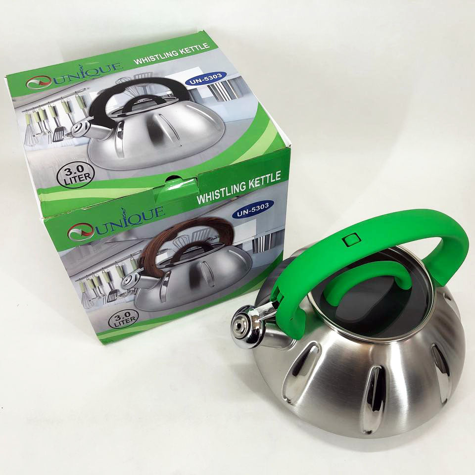 Чайник со свистком Unique UN-5303 кухонный на 3 литра, Чайник нержавейка со свистком. Цвет: зеленый
