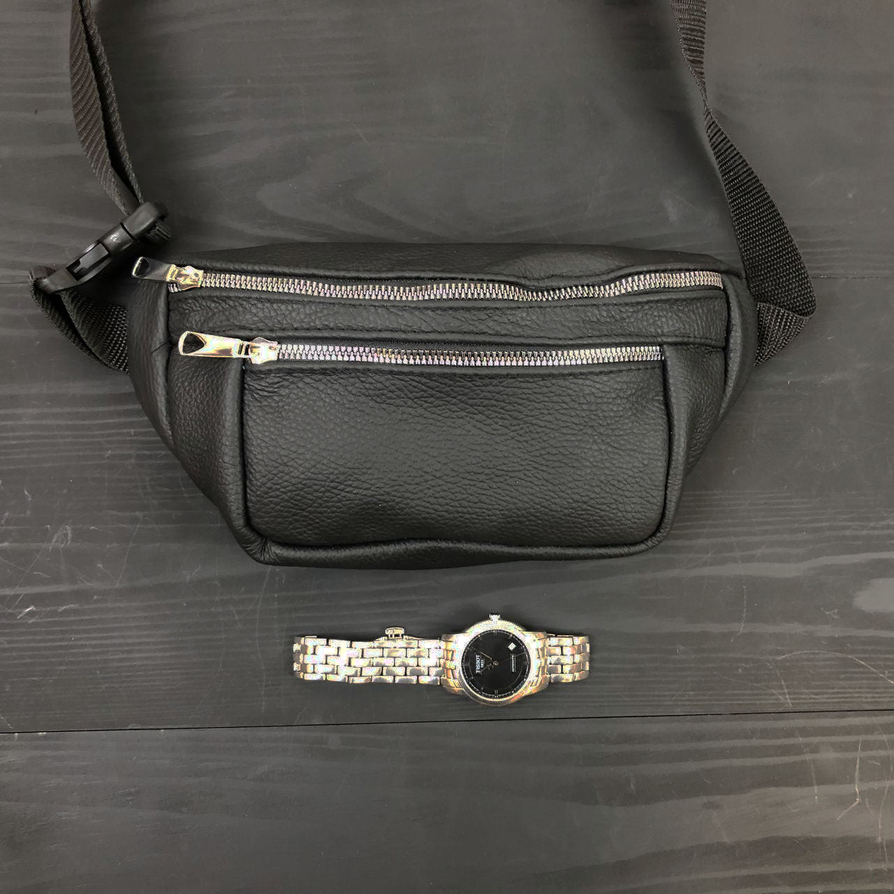 Бананка из натуральной кожи, сумка мужская-женская барсетка черная c серебряным замком