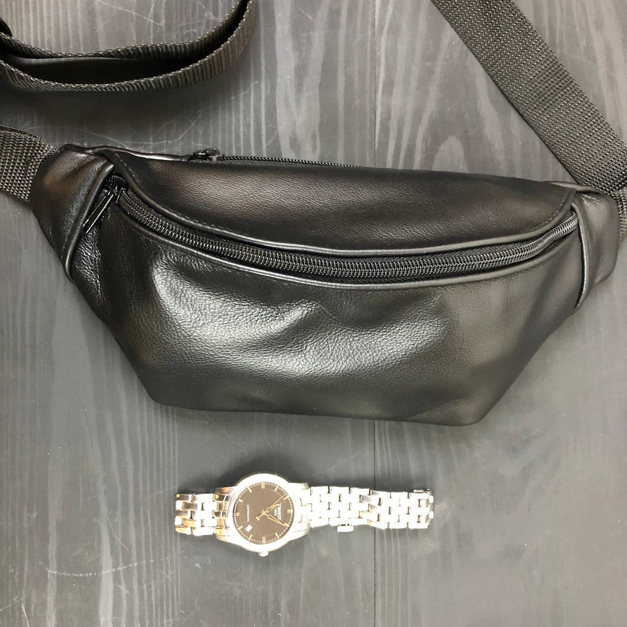 Кожаная бананка, мужская женская сумка из натуральной кожи, черная барсетка