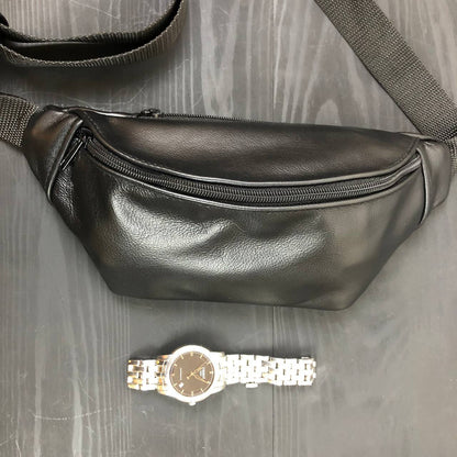 Кожаная бананка, мужская женская сумка из натуральной кожи, черная барсетка