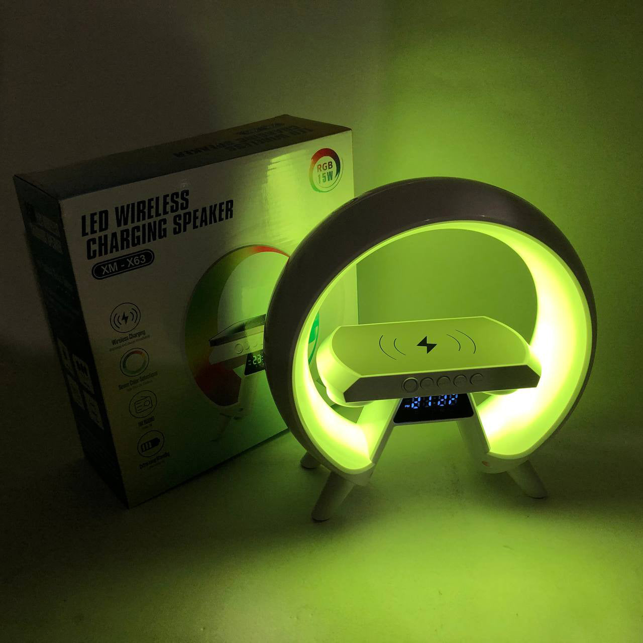 LED Лампа ночник с беспроводной зарядкой и Bluetooth динамиком G-Lite XM-X63, Часы хамелеон с будильник