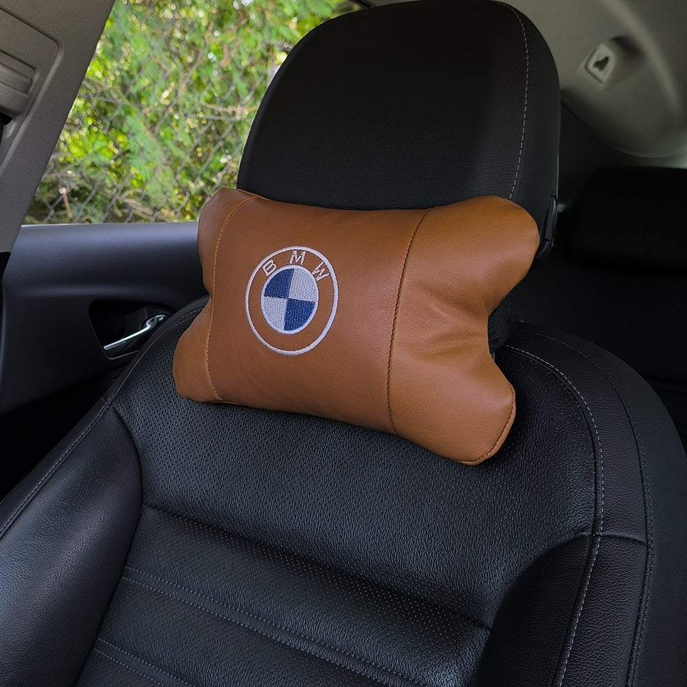 Комплект автоподушек 2шт из натуральной коричневой кожи для BMW. Ортопедическая подушка в авто БМВ