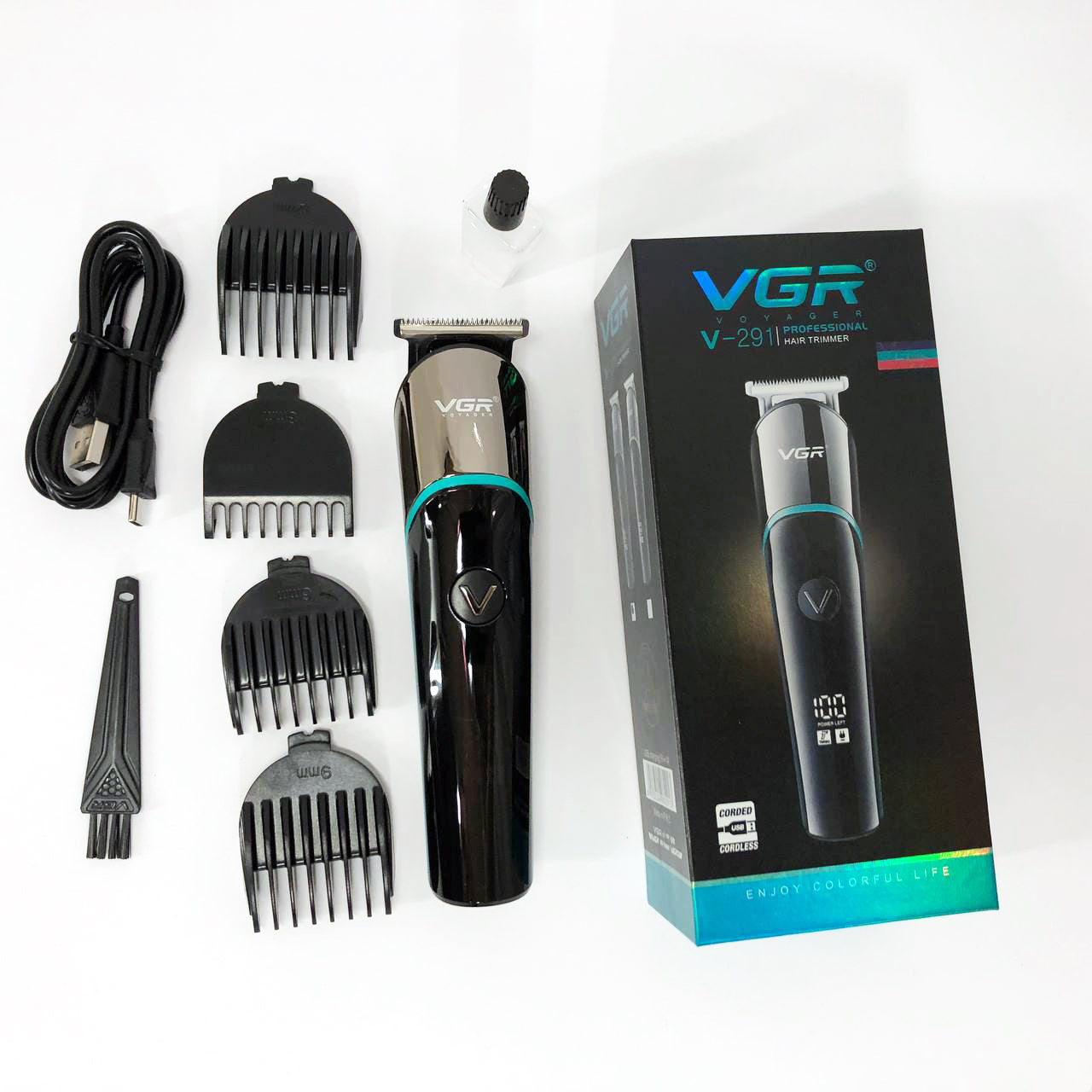 Профессиональная машинка для стрижки волос триммер VGR V-291 с насадками, электробритва. Цвет: зеленый