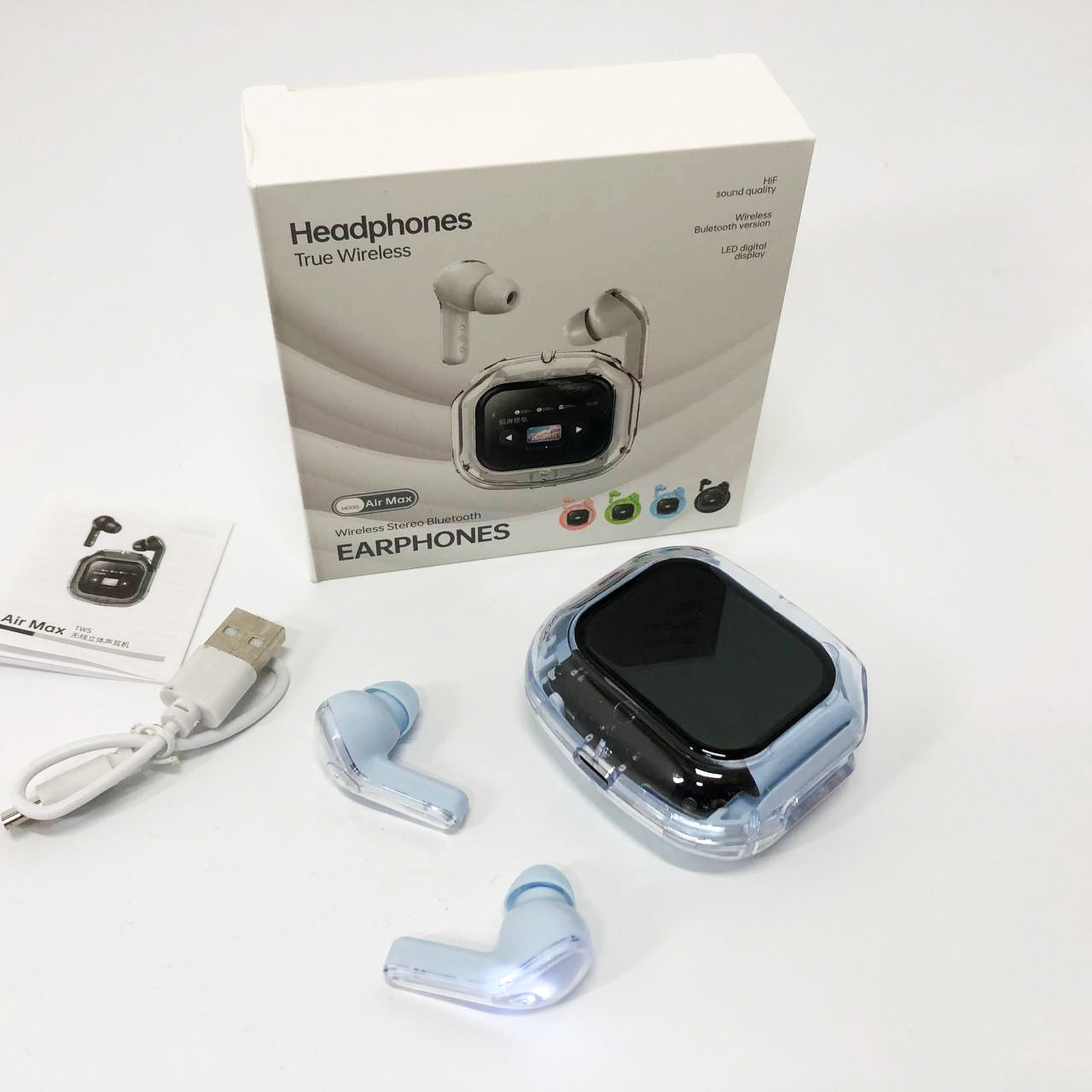 Беспроводные вакуумные наушники TWS с LED дисплеем, влагозащита IPx4 Bluetooth 5.4 с кейсом. Цвет: голубой